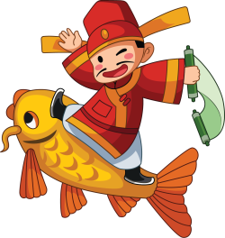 Cưỡi cá chép, thần tài, Riding a carp, god of wealth, chibi