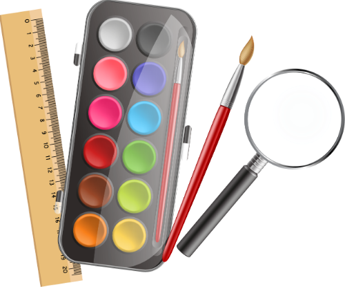Thước, bảng màu, kính lúp, ruler, color chart, magnifying glass, dụng cụ học tập,  learning tools