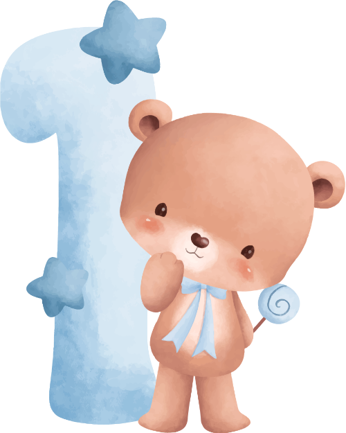 Số 1, 1, number one, gấu, bear, water color, màu nước, cute, dễ thương