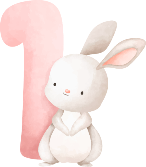 Số 1, 1, number one, one, thỏ, bunny, rabbit, water color, màu nước, cute, dễ thương
