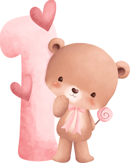 Số 1, 1, number one, gấu, bear, water color, màu nước, cute, dễ thương