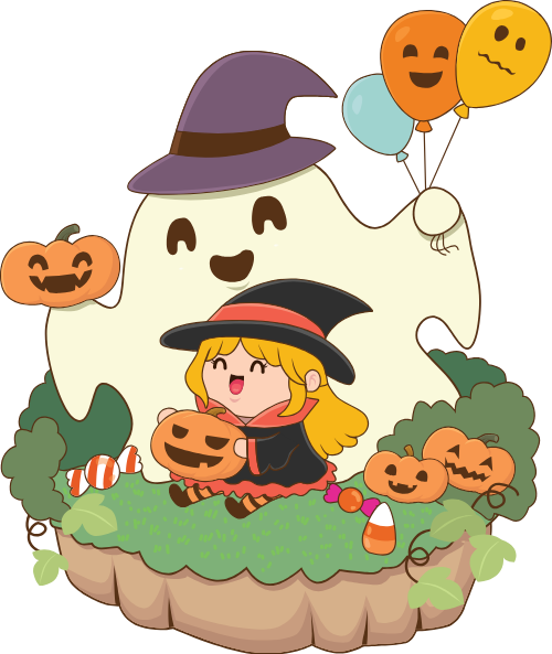 Ma, con ma, ghost, phù thủy, bí đỏ, bí ngô, pumpkin, halloween, cute, dễ thương