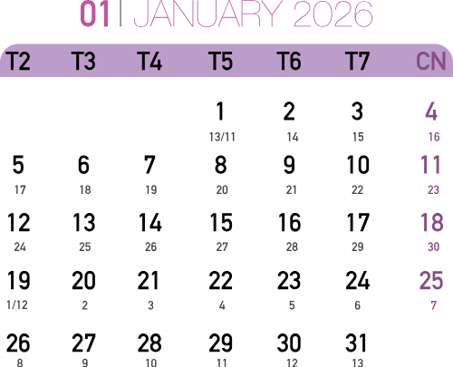 Lịch 2026, lịch, calendar, 2026, tháng 01, january