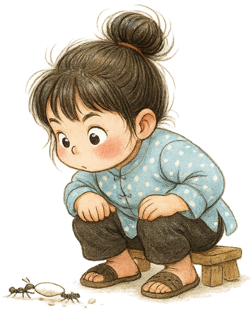 Cô gái, nhìn chăm chú, cô bé, kiến, ghế gỗ, girl, looking intently, little girl, ant, wooden chair