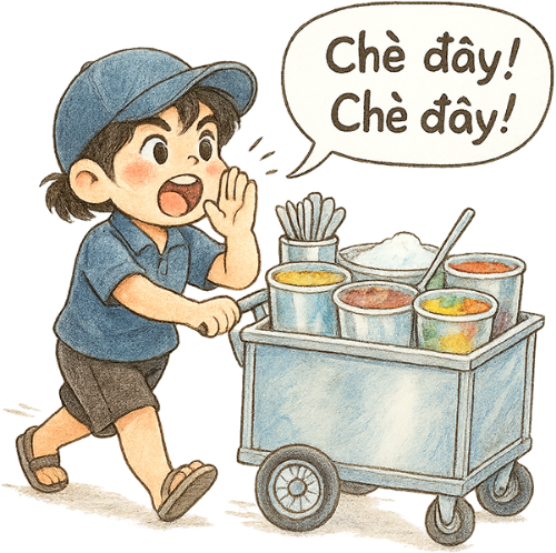 Chàng trai, bán hàng, đàng ông, xe đẩy, chè, vui vẻ, dễ thương, young man, selling goods, man, pushcart, sweet soup, cheerful, cute