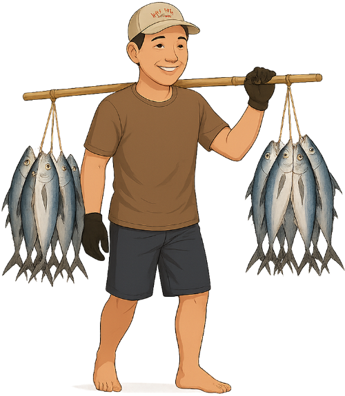 Chàng trai, gánh cá, đàn ông, ngư dân, cá, gánh, young man, carrying fish on a pole, man, fisherman, fish, carrying pole