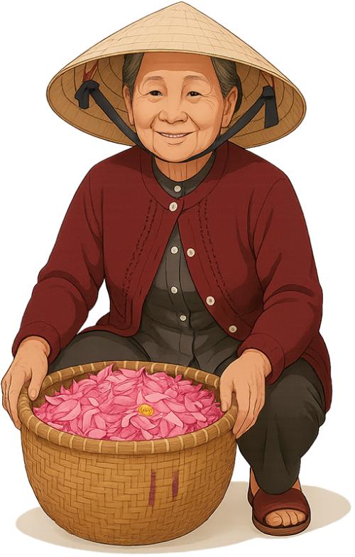 Bà cụ, vui vẻ, phụ nữ, hoa sen, nón lá, rổ đan mây, old woman, cheerful, woman, lotus flower, conical hat, rattan basket