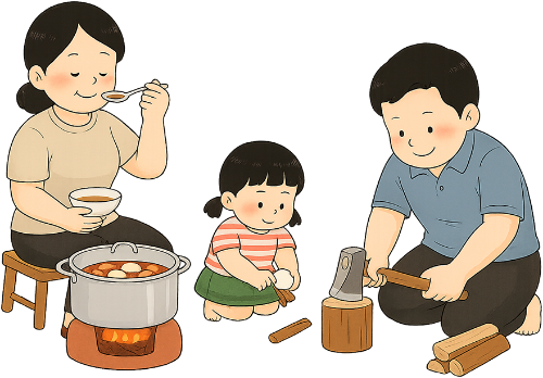 Gia đình, nấu ăn, cha, mẹ, con gái, thịt kho trứng, nồi, bếp lửa, rìu, củi, family, cooking, father, mother, daughter, braised pork with eggs, pot, fire stove, axe, firewood
