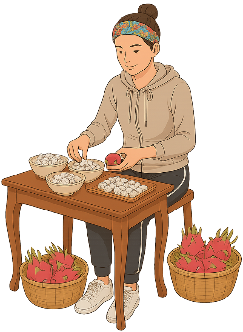 Cô gái, bảo quản thực phẩm, phụ nữ, thanh long, tô thủy tinh, bàn, ghế, girl, preserving food, woman, dragon fruit, glass bowl, table, chair