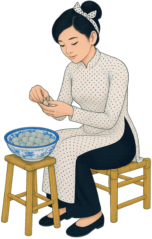 Cô gái, lột nhãn, phụ nữ, áo dài, long nhãn, bát, bàn, ghế, young woman, peeling longan, woman, traditional Vietnamese dress (áo dài), peeled longan, bowl, table, chair