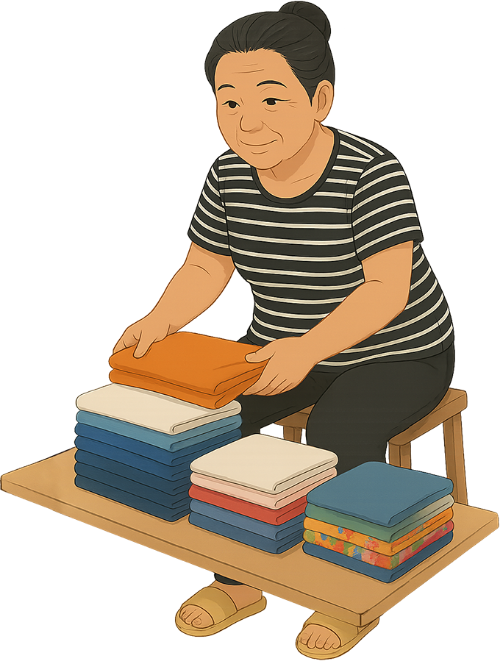 Bà cô, xếp đồ, phụ nữ, quần áo, bàn, ghế, aunt, folding clothes, woman, clothes, table, chair