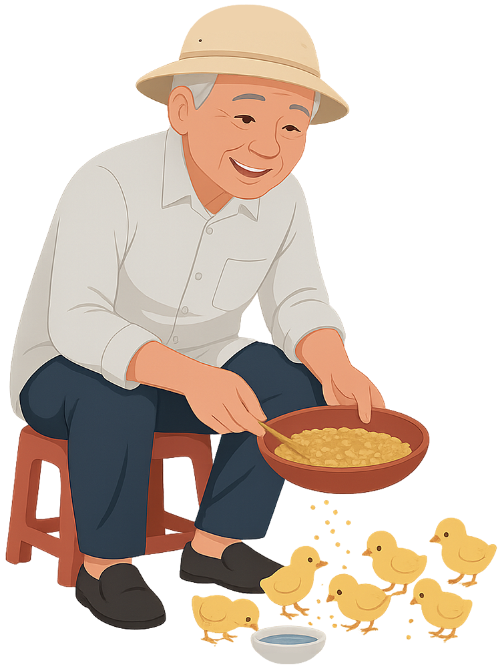 Ông cụ, cho gà ăn, đàn ông, mũ cói, cám gà, gà con, ghế nhựa, old man, feeding chicken, man, straw hat, chicken feed, chick, plastic chair