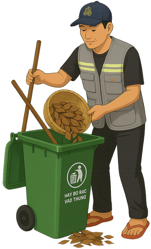 Ông chú, dọn vệ sinh, đàn ông, nhân viên dọn dẹp, nón lưỡi trai, chổi, rổ tre, xe rác, uncle, cleaning, man, cleaner, baseball cap, broom, bamboo basket, garbage cart