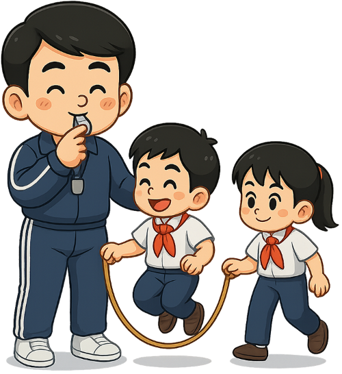 Giáo viên, thầy giáo, học sinh, nhảy dây, teacher, male teacher, students, skipping rope