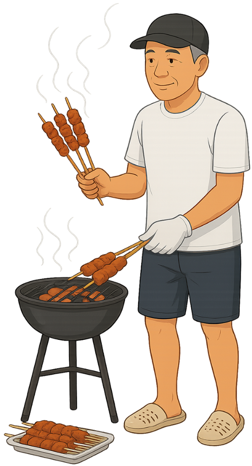 Ông cụ, nướng thịt, đàn ông, xiên thịt, bếp than, vui vẻ, old man, grilling meat, man, meat skewer, charcoal stove, cheerful