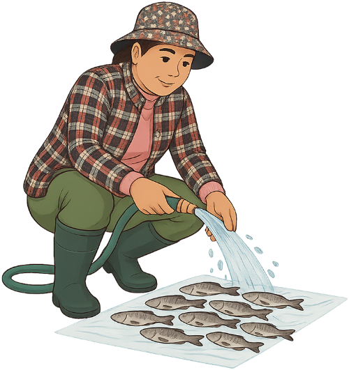Bà cô, rửa cá, phụ nữ, cá, tấm bạt, ống nước, auntie, washing fish, woman, fish, tarp, hose