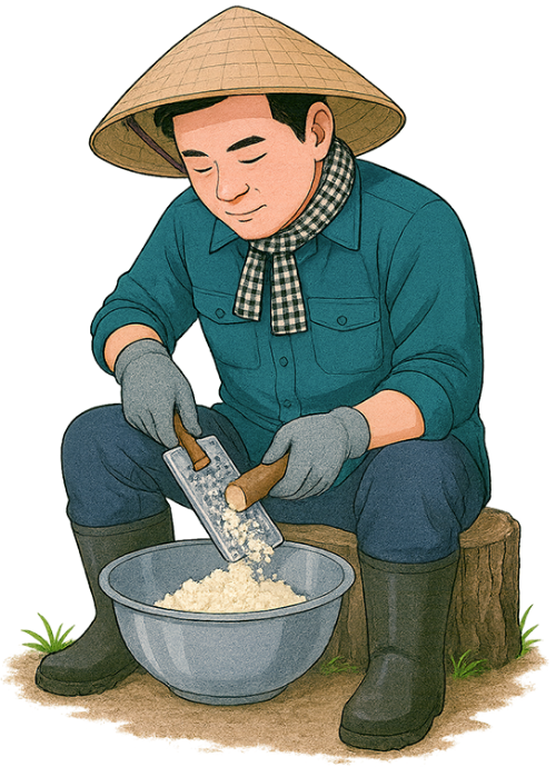 Ông chú, mài bột, đàn ông, nón lá, củ mì, khăn rằn, găng tay, khúc gỗ, uncle, grinding flour, man, conical hat, cassava, checkered scarf, gloves, log