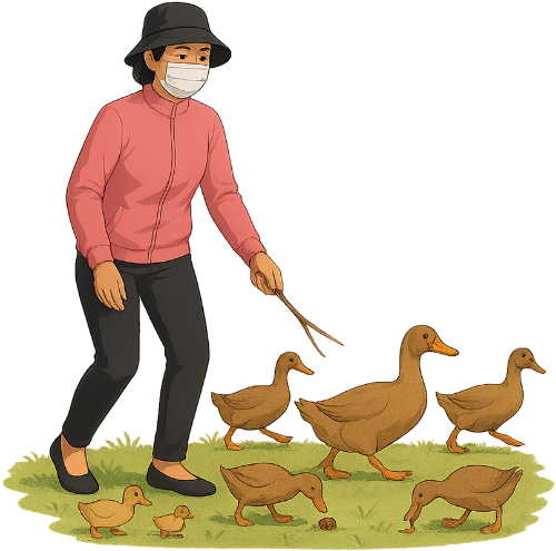 Cô gái, chăn vịt, phụ nữ, khẩu trang, mũ xô, cây, vịt, đồng cỏ, girl, herding ducks, woman, face mask, bucket hat, tree, duck, meadow
