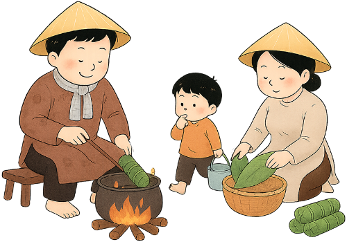 Gia đình, nấu bánh, cha, mẹ, con trai, bánh chưng, bánh tét, nguyên liệu, lá dong, nồi, bếp lửa,nón lá, family, cooking cake, father, mother, son, bánh chưng (square sticky rice cake), bánh tét (cylindrical sticky rice cake), ingredients, lá dong (phrynium placentarium leaves), pot, fire stove, conical hat