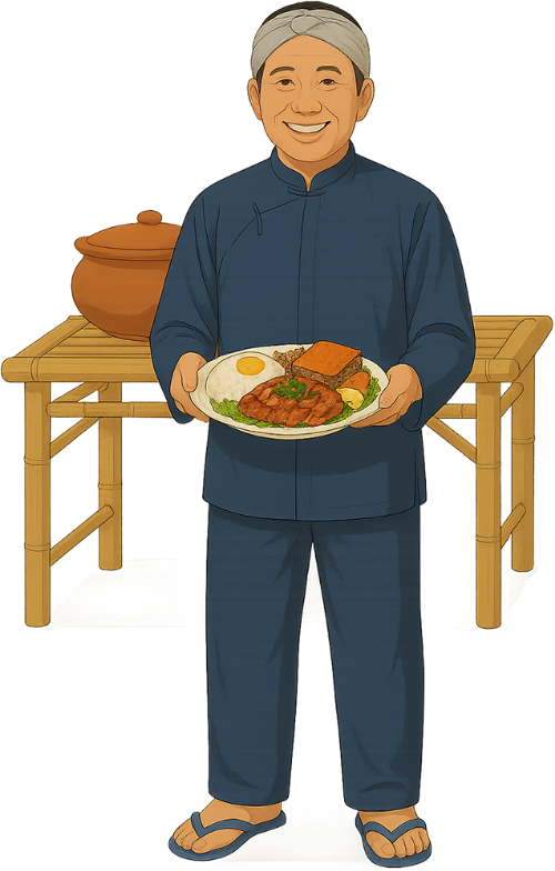 Ông chú, vui vẻ, đàn ông, đĩa, cơm sườn, bàn tre, niêu cơm, uncle, cheerful, man, plate, rib rice, bamboo table, clay pot rice