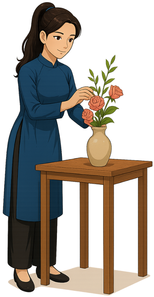 Giáo viên, cắm hoa, cô gái, phụ nữ, bình hoa, bàn, teacher, arranging flowers, girl, woman, vase, table