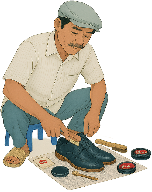 Ông chú, đánh giày, đàn ông, giày, ghế, dụng cụ đánh giày, bàn chải, kem, uncle, shining shoes, man, shoes, chair, shoe shining tools, brush, cream 2