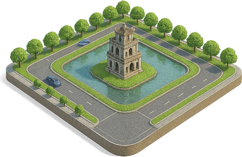 Mô hình, tháp rùa, ao, hồ, đường xá, cây cối, phương tiện, ô tô, model, turtle tower, pond, lake, roads, trees, vehicles, car
