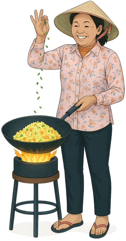 Bà cô, rắc hành, phụ nữ, cơm chiên, chảo, chảo chống dính, bếp lửa, nón lá, aunt, sprinkling scallions, woman, fried rice, pan, non-stick pan, stove fire, conical hat