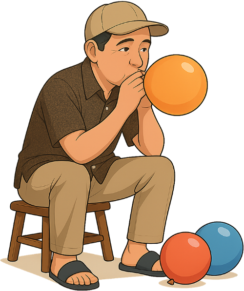 Ông chú, thồi bong bóng, đàn ông, ghế, bong bóng, uncle, blowing balloons, man, chair, balloon