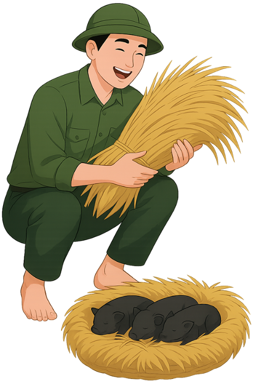 Chàng trai, vui vẻ, đàn ông, bó rơm, tổ rơm, heo con, young man, cheerful, man, hay bale, hay nest, piglet