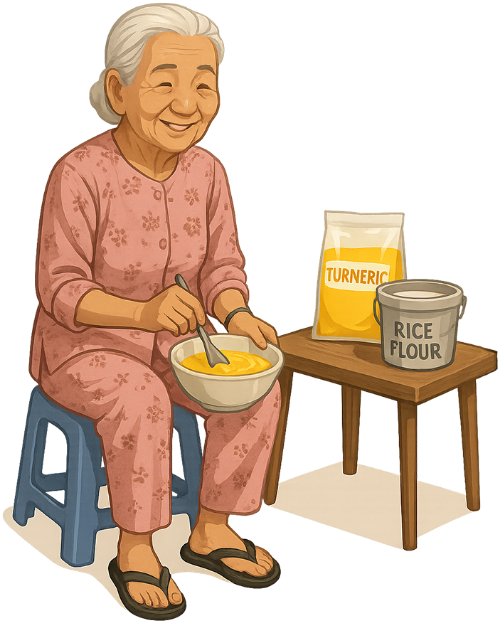 Bà cụ, trộn bột, phụ nữ, bột nghệ, bột gạo, bàn, ghế, old woman, mixing powder, woman, turmeric powder, rice flour, table, chair