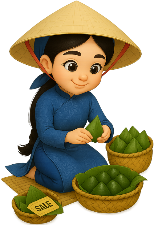 Cô gái, gói bánh, phụ nữ, nón lá, giỏ tre, rổ tre, bánh ít, girl, wrapping cake, woman, conical hat, bamboo basket, bamboo sieve