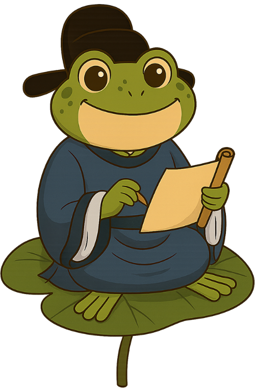 Ếch, làm thơ, lá sen, việt phục, lá sen, sách, bút, dễ thương, frog, writing poetry, lotus leaf, traditional Vietnamese attire, lotus leaf, book, pen, cute