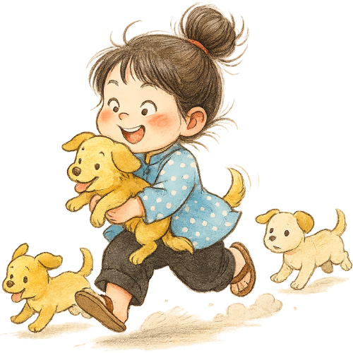 Cô gái, bế, cô bé, vui vẻ, cún con, chạy, girl, carrying, little girl, cheerful, puppy, running