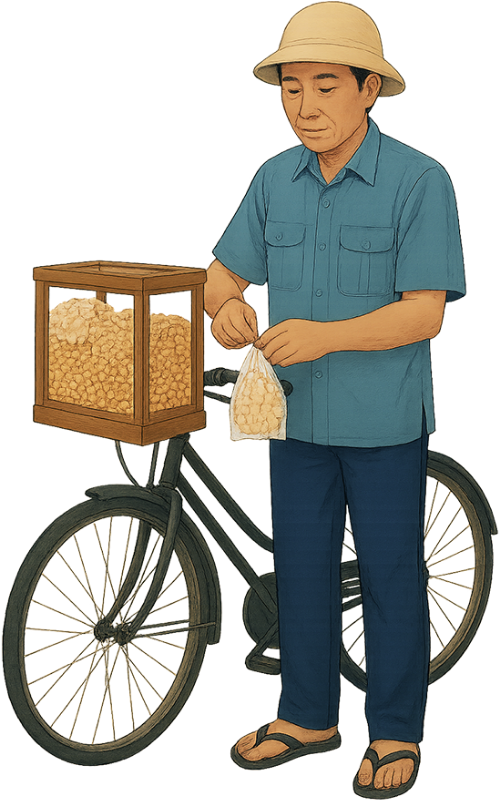 Ông chú, gói đồ ăn, đàn ông, xe đạp, tủ kính, túi nhựa, uncle, wrapping food, man, bicycle, glass display case, plastic bag
