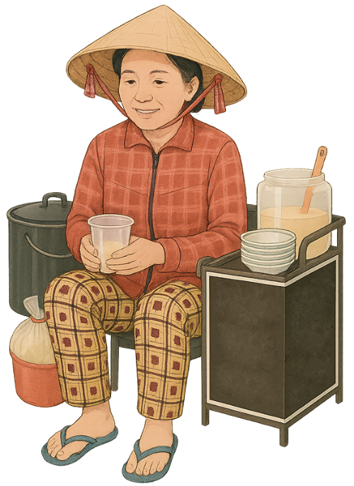 Bà cô, vui vẻ, phụ nữ, nón lá, nồi, ly đậu hũ, tủ, aunt, cheerful, woman, conical hat, pot, cup of tofu, cupboard