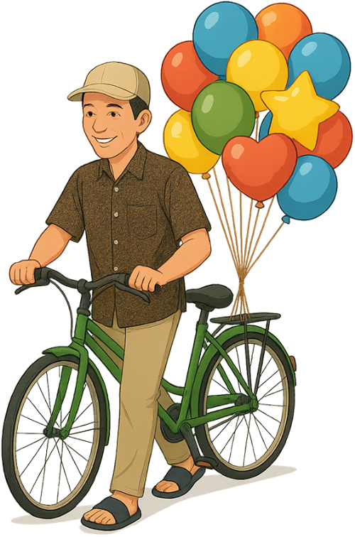 Ông chú, dắt xe đạp, đàn ông, xe đạp, bong bóng, bóng bay, uncle, walking bicycle, man, bicycle, balloon, balloon
