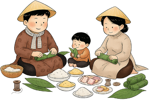 Gia đình, làm bánh, cha, mẹ, con trai, bánh chưng, bánh tét, nguyên liệu, lá dong,nón lá, family, making cake, father, mother, son, bánh chưng (square sticky rice cake), bánh tét (cylindrical sticky rice cake), ingredients, lá dong (phrynium placentarium leaves), conical hat