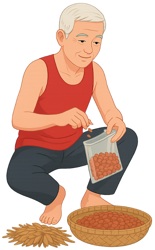 Ông cụ, đóng gói, đàn ông, vui vẻ, đậu phộng, bịch đậu phộng, giỏ tre, old man, packing, man, cheerful, peanut, peanut bag, bamboo basket