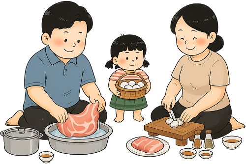 Gia đình, nấu ăn, cha, mẹ, con gái, vui vẻ, thịt, trứng, nguyên liệu nấu ăn, nồi, thau, gia vị, family, cooking, father, mother, daughter, cheerful, meat, eggs, cooking ingredients, pot, basin, seasoning