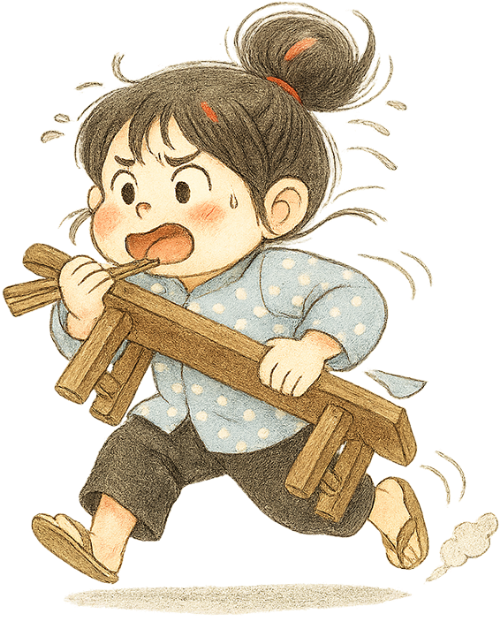 Cô gái, vội vã, cô bé, đũa, ghế gỗ, chạy, girl, hurried, little girl, chopsticks, wooden chair, running