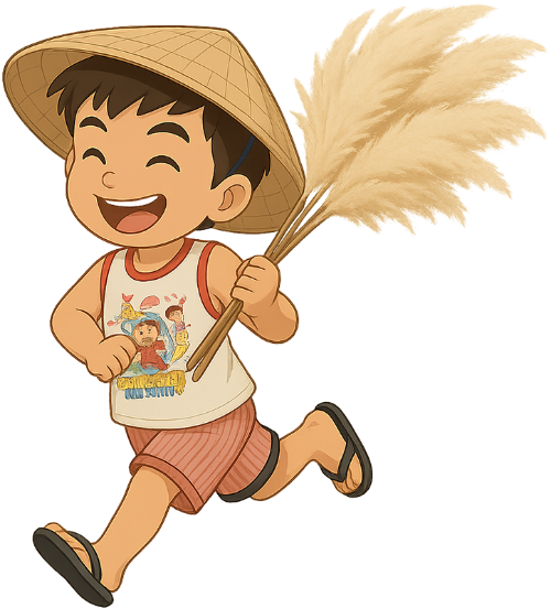 Cậu bé, chạy, chàng trai, vui vẻ, cây lau, nón lá, dễ thương, boy, running, young man, cheerful, mop, conical hat, cute 2
