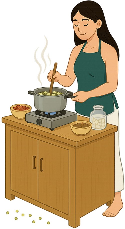 Cô gái, nấu chè, phụ nữ, tủ bếp, nồi, nguyên liệu, girl, cooking sweet soup, woman, kitchen cabinet, pot, ingredients