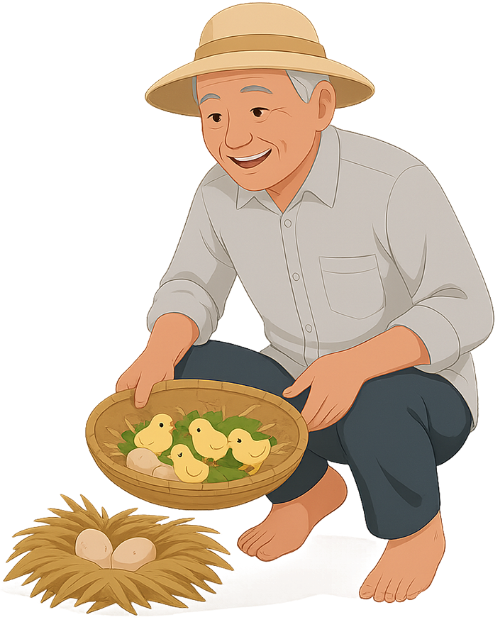 Ông cụ, bế gà con, đàn ông, mũ cói, rổ mây, ổ rơm, trứng gà, gà con, old man, holding chick, man, straw hat, wicker basket, straw nest, egg, chick