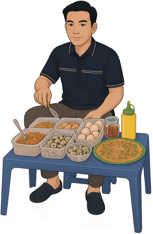 Chàng trai, làm bánh tráng nướng, đàn ông, nguyên liệu, trứng, thịt, bàn, ghế, young man, making grilled rice paper, man, ingredients, egg, meat, table, chair