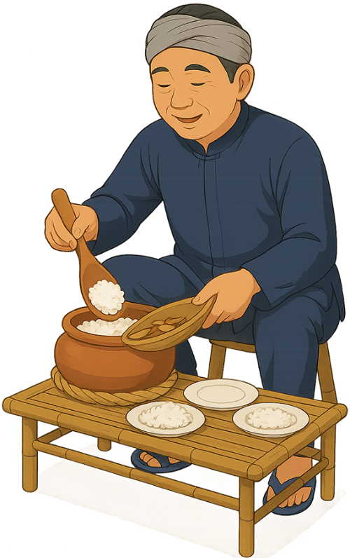 Ông chú, xới cơm, đàn ông, niêu cơm, vá gỗ, đĩa, đĩa cơm, bàn tre, uncle, scooping rice, man, clay pot rice, wooden ladle, plate, rice plate, bamboo table