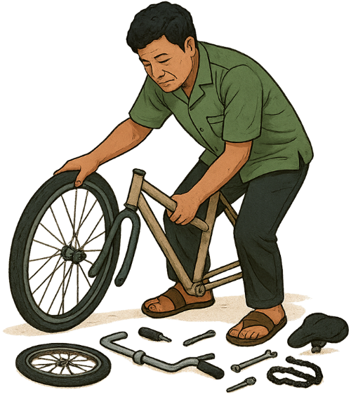 Ông chú, sửa xe, đàn ông, thợ sửa xe, xe đạp, nồi, vít, uncle, repairing bicycle, man, mechanic, bicycle, pot, screw 4