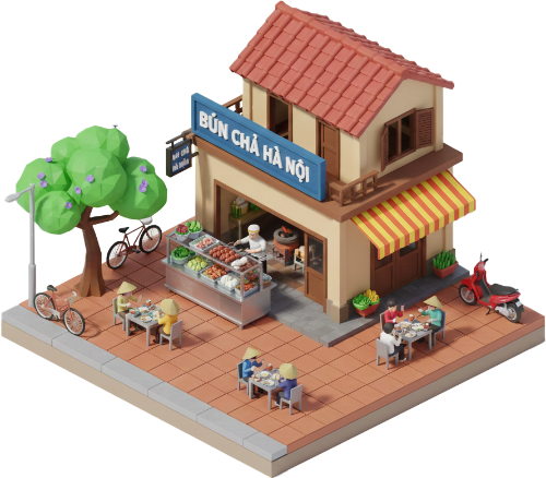 Mô hình, bún chả hà nội, quán ăn, ẩm thực, nón lá, xe máy, xe đạp, vỉa hè, hà nội, việt nam, model, bun cha ha noi, food shop, cuisine, conical hat, scooter, bicycle, sidewalk, hanoi, vietnam