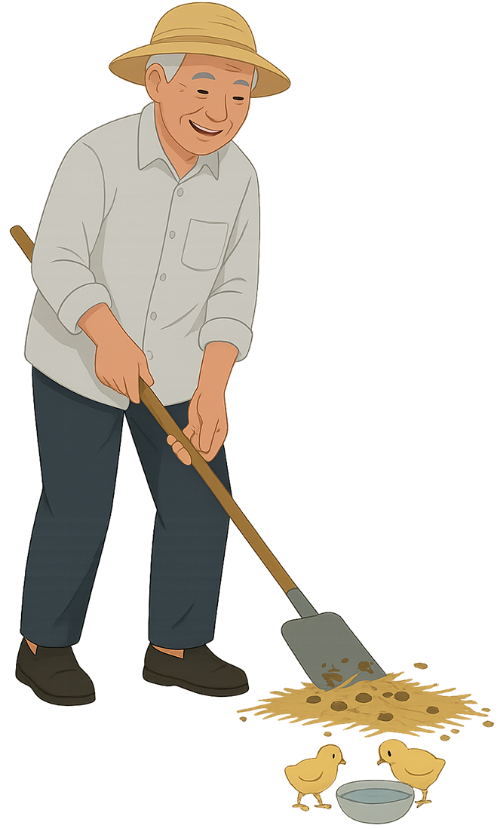 Ông cụ, dọn phân, đàn ông, mũ cói, phân gà, xẻng, gà con, old man, cleaning manure, man, straw hat, chicken manure, shovel, chick