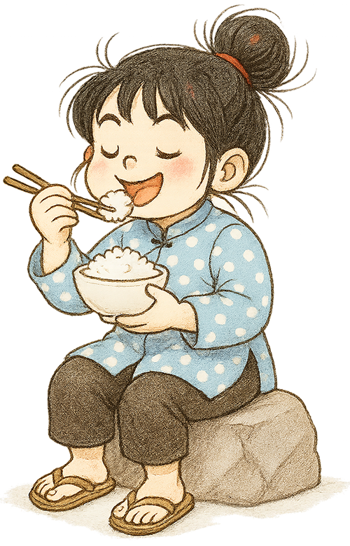 Cô gái, ăn cơm, cô bé, vui vẻ, chén cơm, đôi đũa, tảng đá, girl, eating rice, little girl, cheerful, bowl of rice, chopsticks, rock